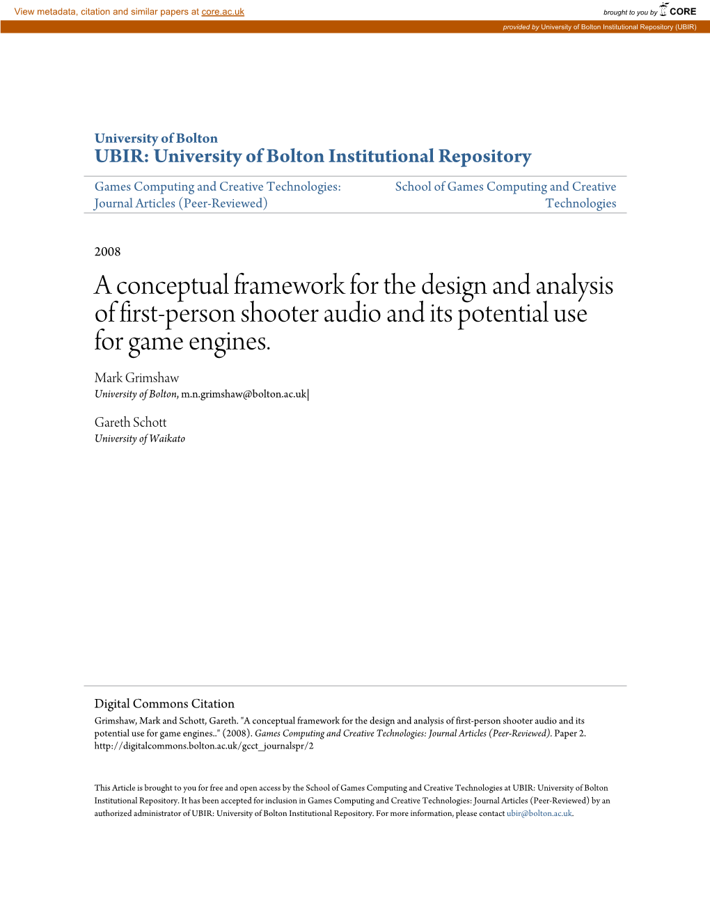 A Conceptual Framework for the Design and Analysis of First-Person Shooter Audio and Its Potential Use for Game Engines