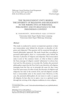 The Transcendent Unity Behind the Diversity of Religions and Religiosity in the Perspective of Perennial Philosophy and Its Relevance to the Indonesian Context