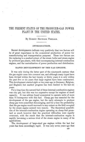 The Present Status of the Producer-Gas Power Plant in the United States
