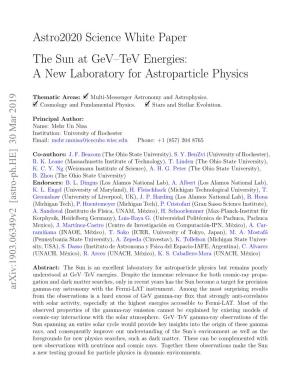 Astro2020 Science White Paper the Sun at Gev–Tev Energies: a New Laboratory for Astroparticle Physics