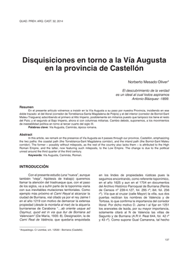 Disquisiciones En Torno a La Vía Augusta En La Provincia De Castellón