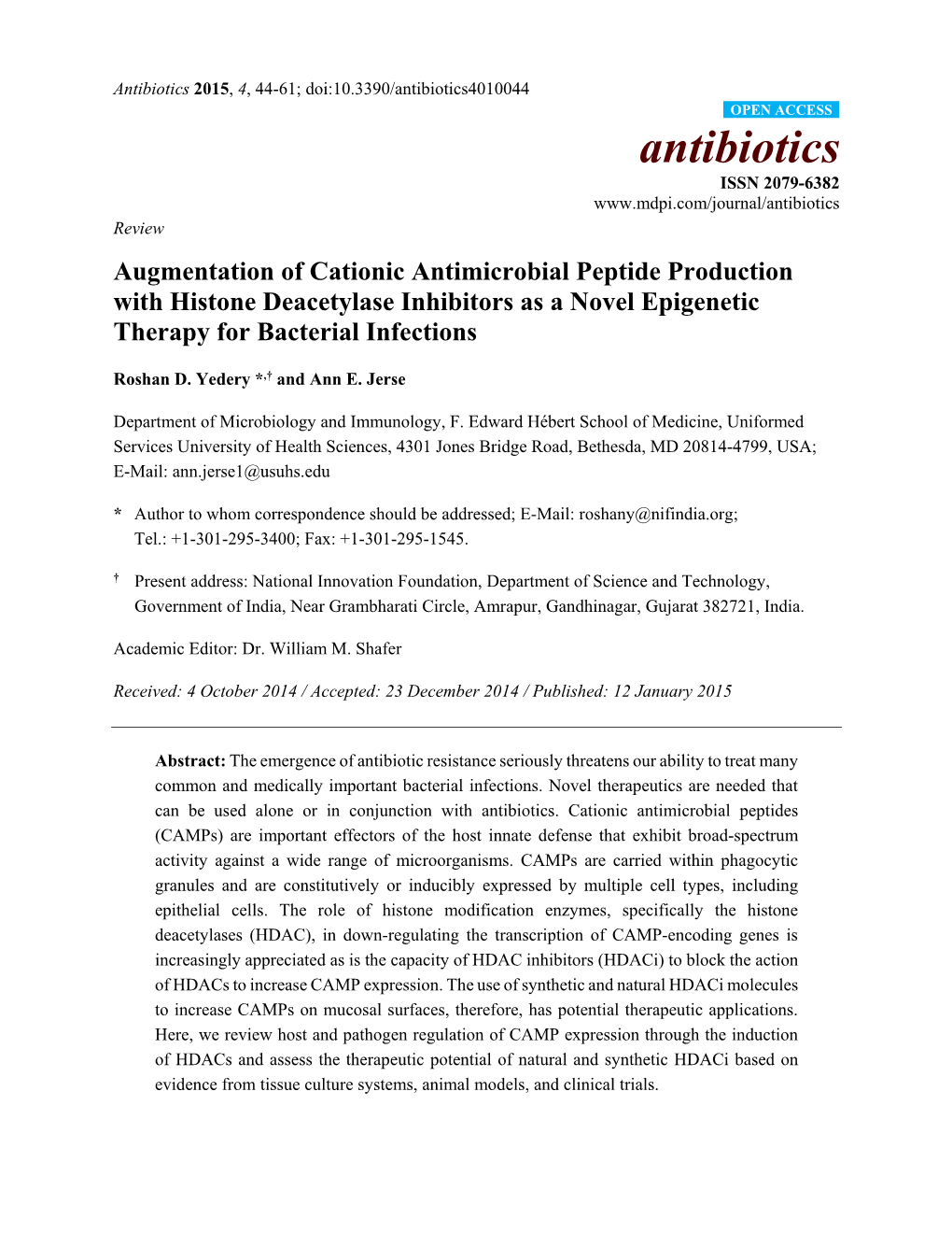 Augmentation of Cationic Antimicrobial Peptide Production with Histone Deacetylase Inhibitors As a Novel Epigenetic Therapy for Bacterial Infections