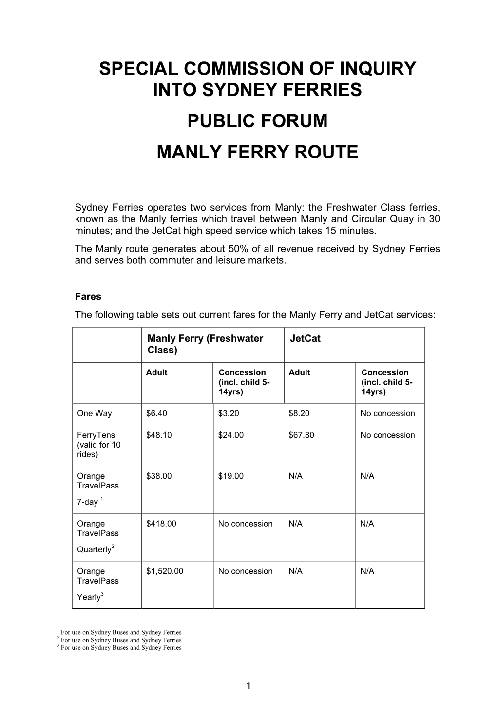 Special Commission of Inquiry Into Sydney Ferries Public Forum Manly Ferry Route