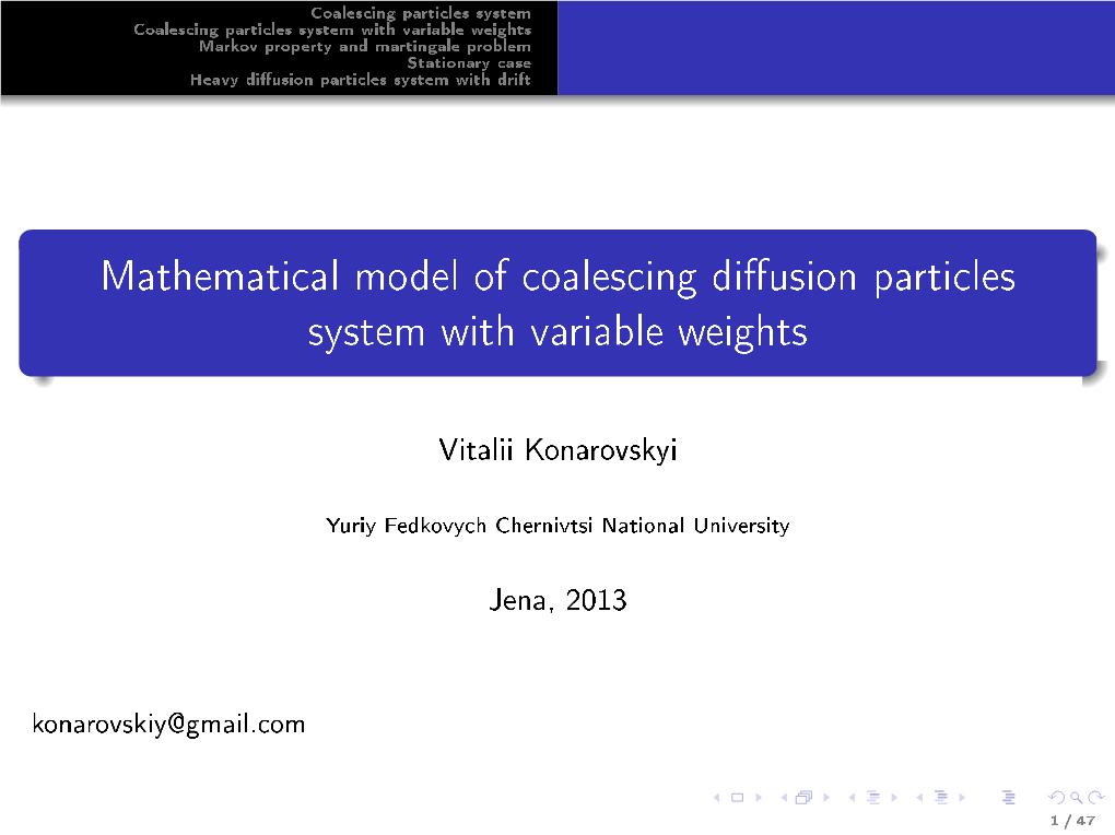 Mathematical Model of Coalescing Diffusion Particles System With