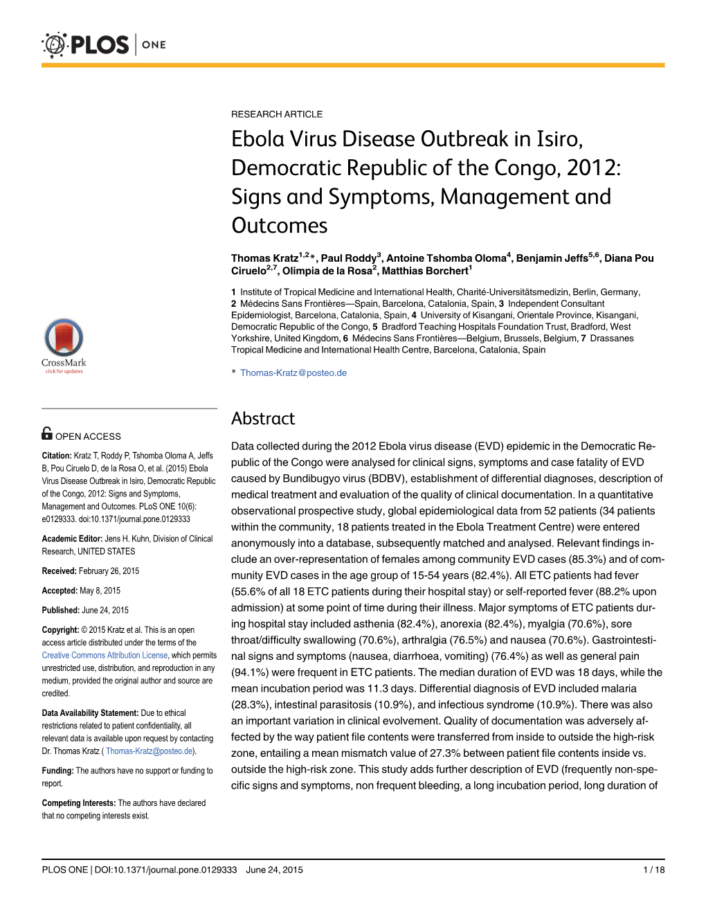 Ebola Virus Disease Outbreak in Isiro, Democratic Republic of the Congo, 2012: Signs and Symptoms, Management and Outcomes