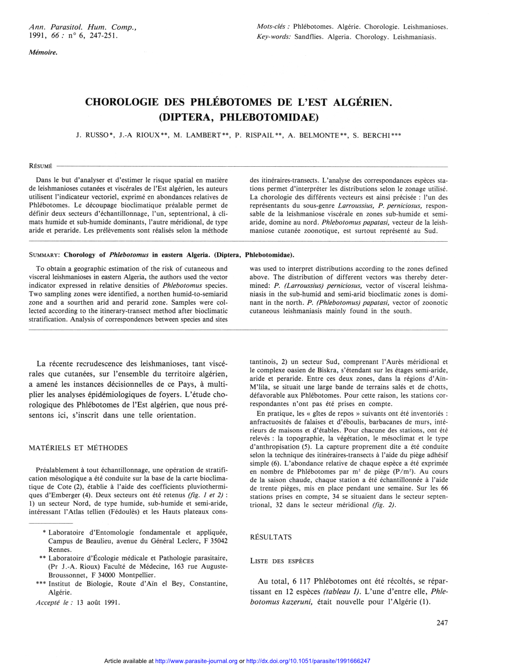 Chorologie Des Phlébotomes De L'est Algérien. (Diptera, Phlebotomidae) J