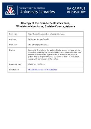 Geology of the Granite Peak Stock Area, Whetstone Mountains, Cochise County, Arizona