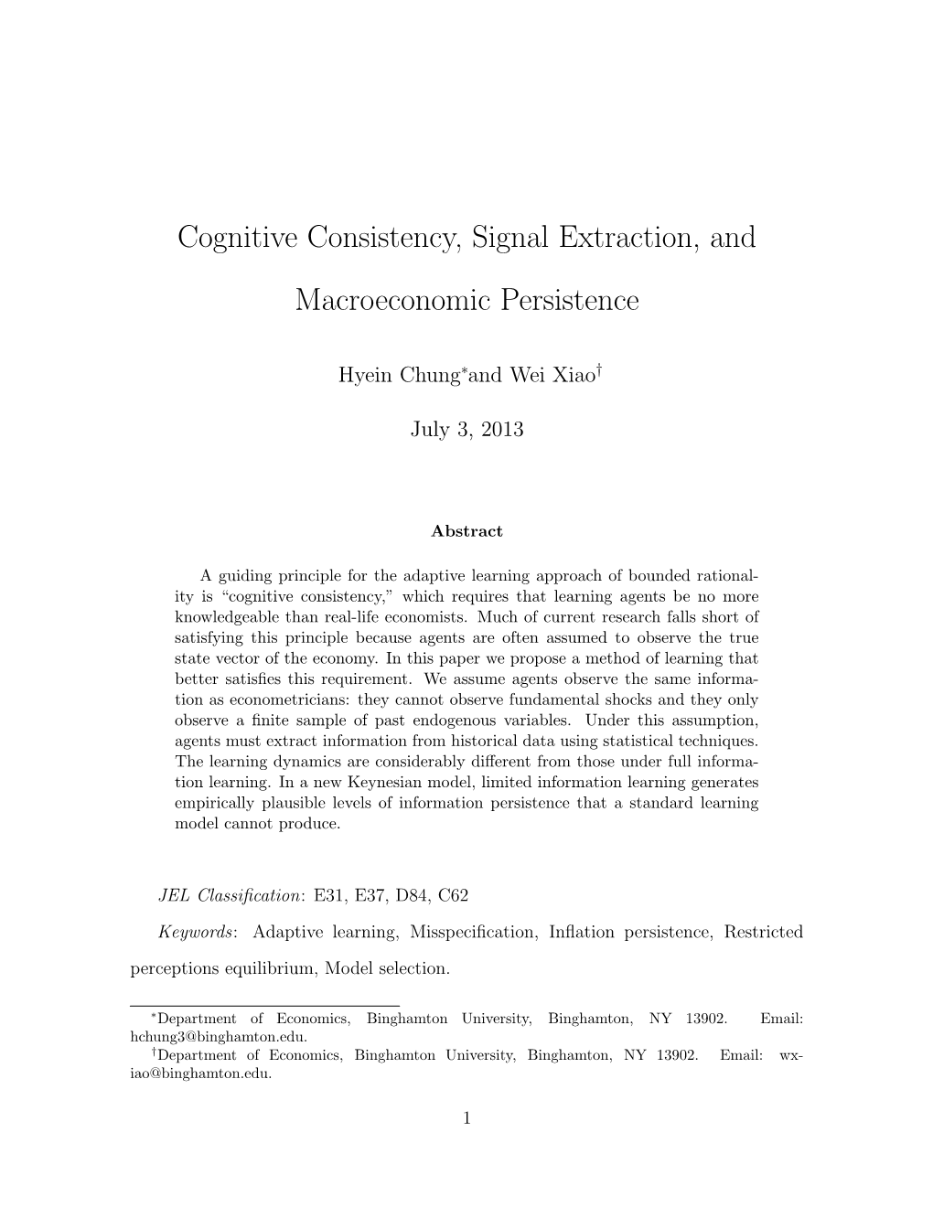 Cognitive Consistency, Signal Extraction, and Macroeconomic Persistence