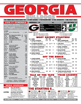 Bulldogs UGA Under Head Coach Mark Fox: 4 20-Win Seasons • 5 Postseason Bids • 30 UGA Graduates • 3 NBA Draft Picks 2016-17 SCHEDULE GEORGIA: 1-0 VS