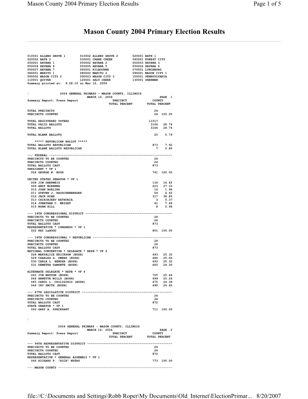 Mason County 2004 Primary Election Results Page 1 of 5