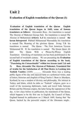 Unit 2 Evaluation of English Translation of the Quran