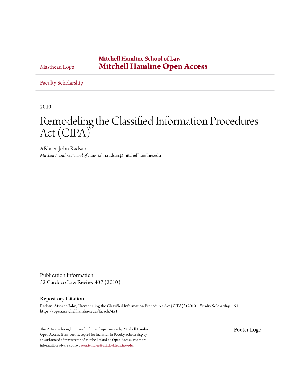 CIPA) Afsheen John Radsan Mitchell Hamline School of Law, John.Radsan@Mitchellhamline.Edu