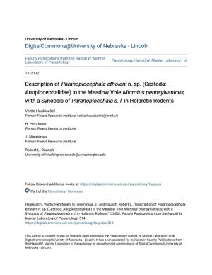 Cestoda: Anoplocephalidae) in the Meadow Vole Microtus Pennsylvanicus, with a Synopsis of Paranoplocehala S