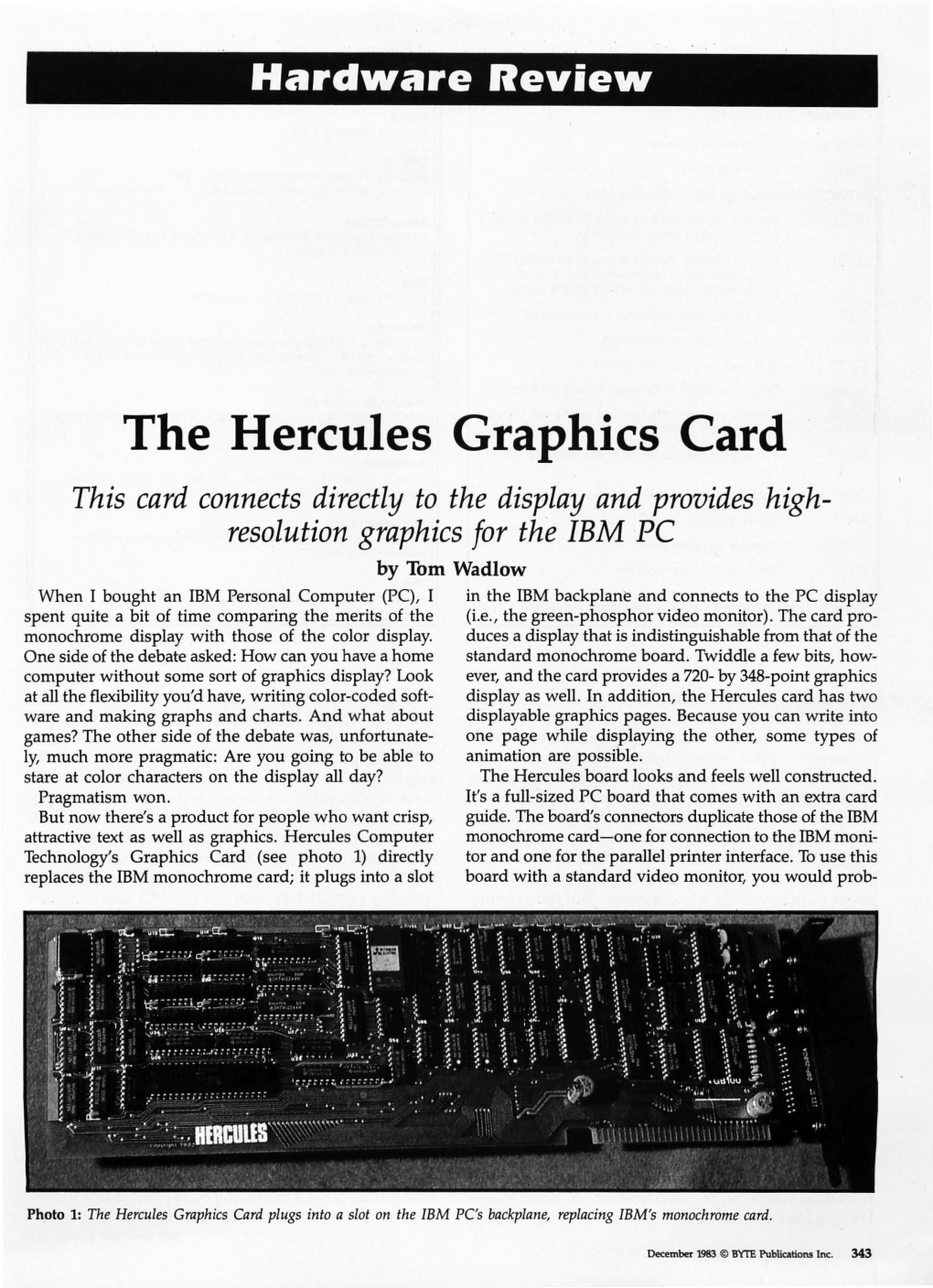 The Hercules Graphics Card, December 1983, BYTE Magazine