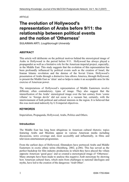 The Evolution of Hollywood's Representation of Arabs Before 9/11: the Relationship Between Political Events and the Notion of 'O