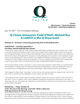 Q Casino Announces Todd O'neill, Michael Ray & LANCO in the Q