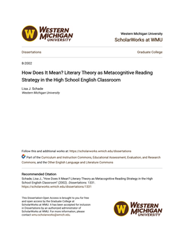 Literary Theory As Metacognitive Reading Strategy in the High School English Classroom