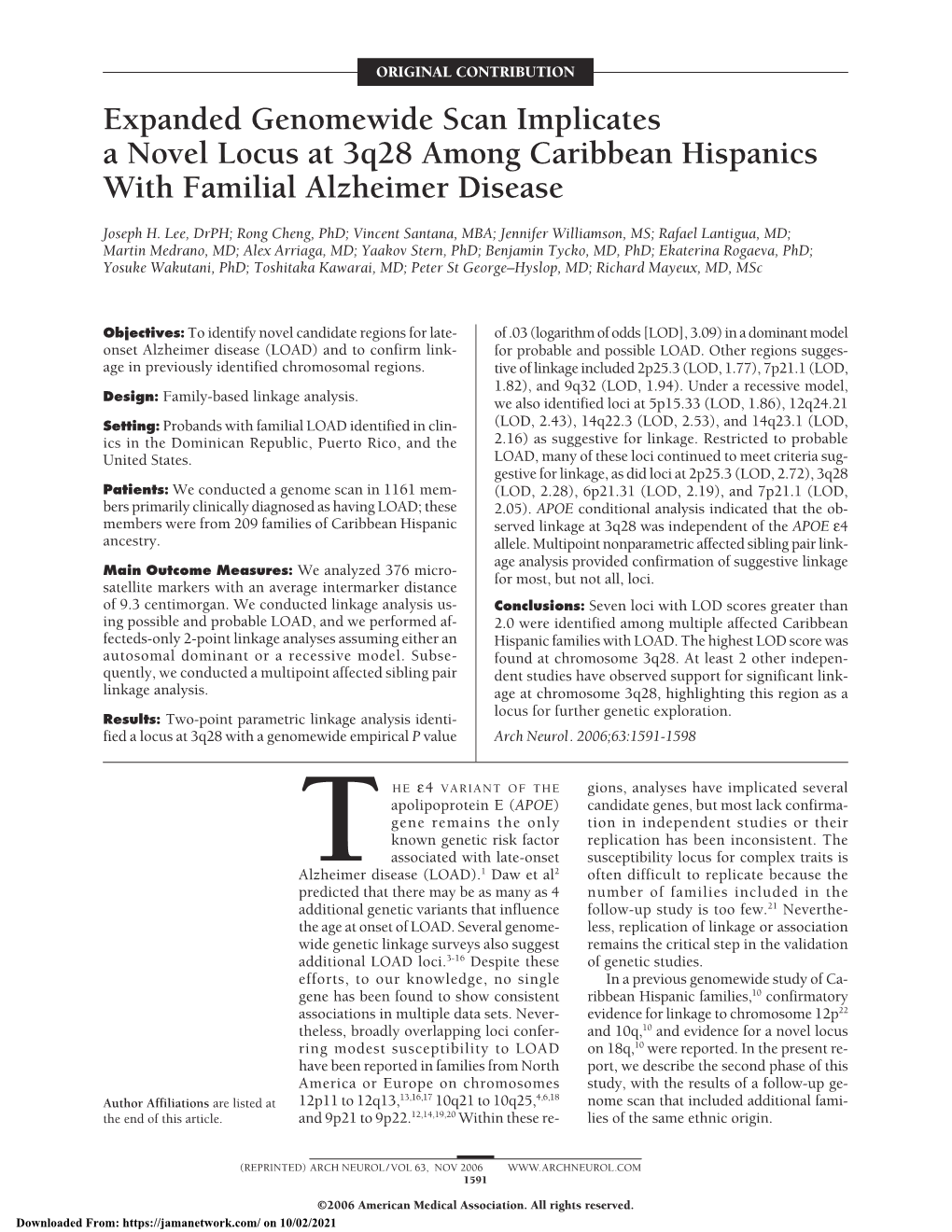 Expanded Genomewide Scan Implicates a Novel Locus at 3Q28 Among Caribbean Hispanics with Familial Alzheimer Disease