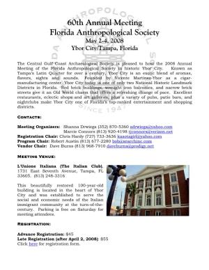60Th Annual Meeting Florida Anthropological Society May 2-4, 2008 Ybor City/Tampa, Florida