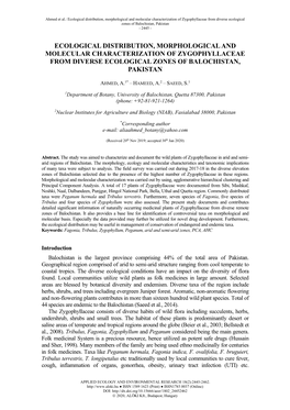 Ecological Distribution, Morphological and Molecular Characterization of Zygophyllaceae from Diverse Ecological Zones of Balochistan, Pakistan - 2445