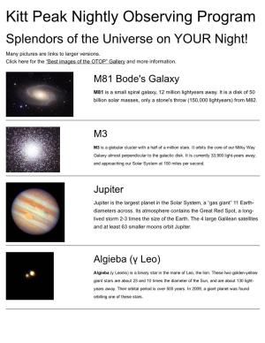 Kitt Peak Nightly Observing Program Splendors of the Universe on YOUR Night!