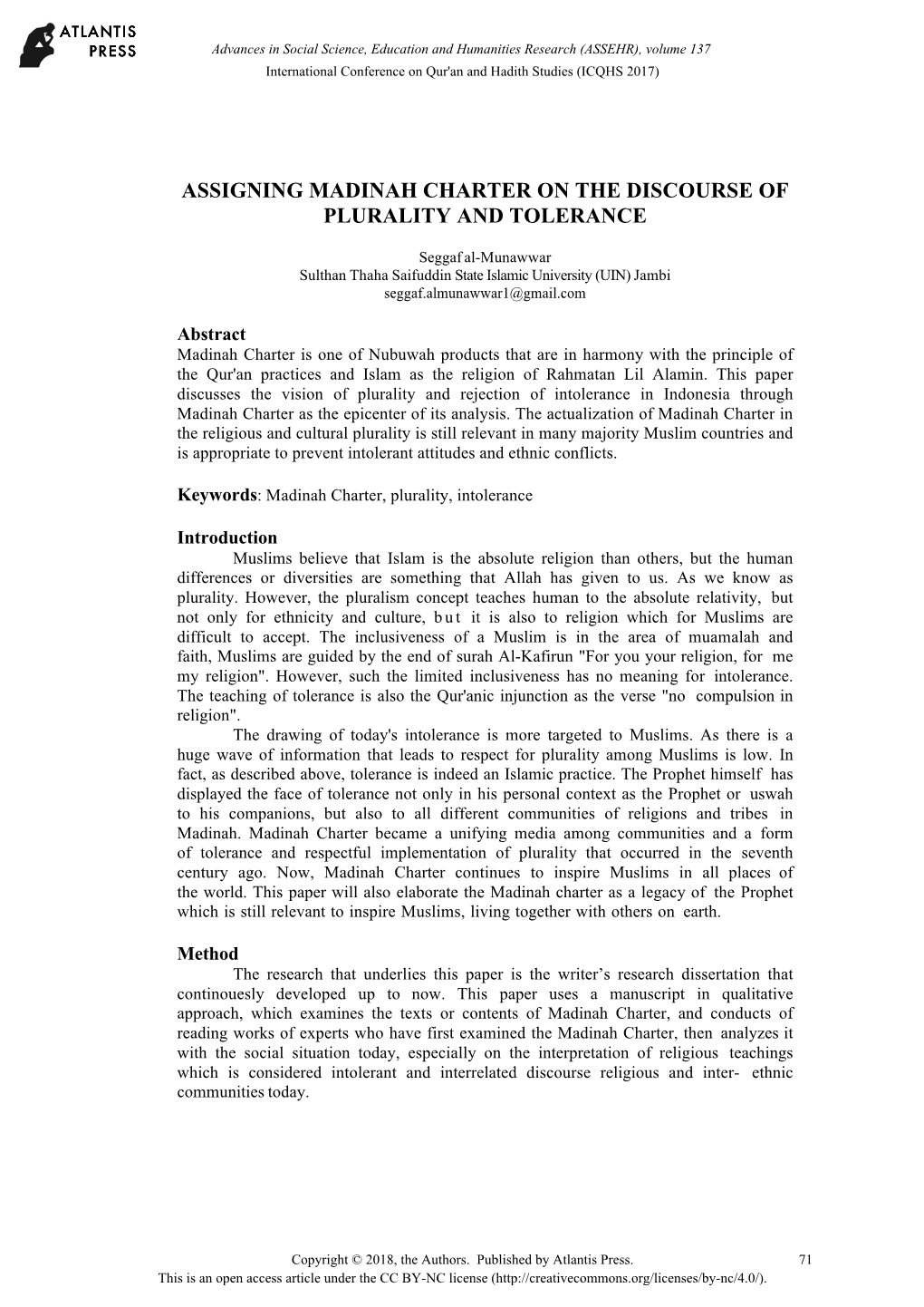 Assigning Madinah Charter on the Discourse of Plurality and Tolerance