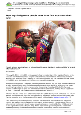 Pope Says Indigenous People Must Have Final Say About Their Land Published on Servindi - Servicios De Comunicación Intercultural (