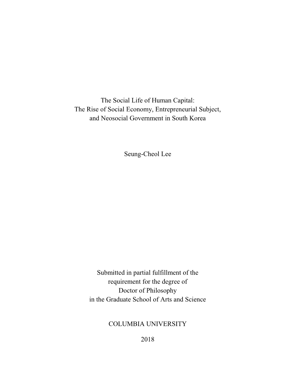 The Social Life of Human Capital: the Rise of Social Economy, Entrepreneurial Subject, and Neosocial Government in South Korea