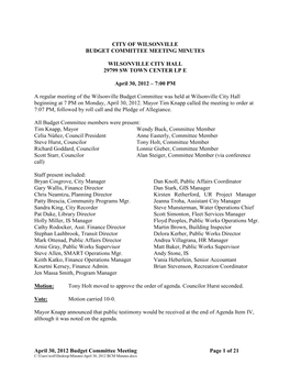 Budget Committee Meeting Minutes 4/30/12