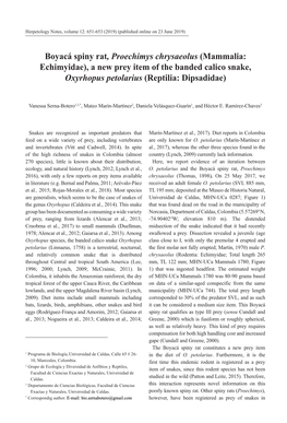 Boyacá Spiny Rat, Proechimys Chrysaeolus (Mammalia: Echimyidae), a New Prey Item of the Banded Calico Snake, Oxyrhopus Petolarius (Reptilia: Dipsadidae)