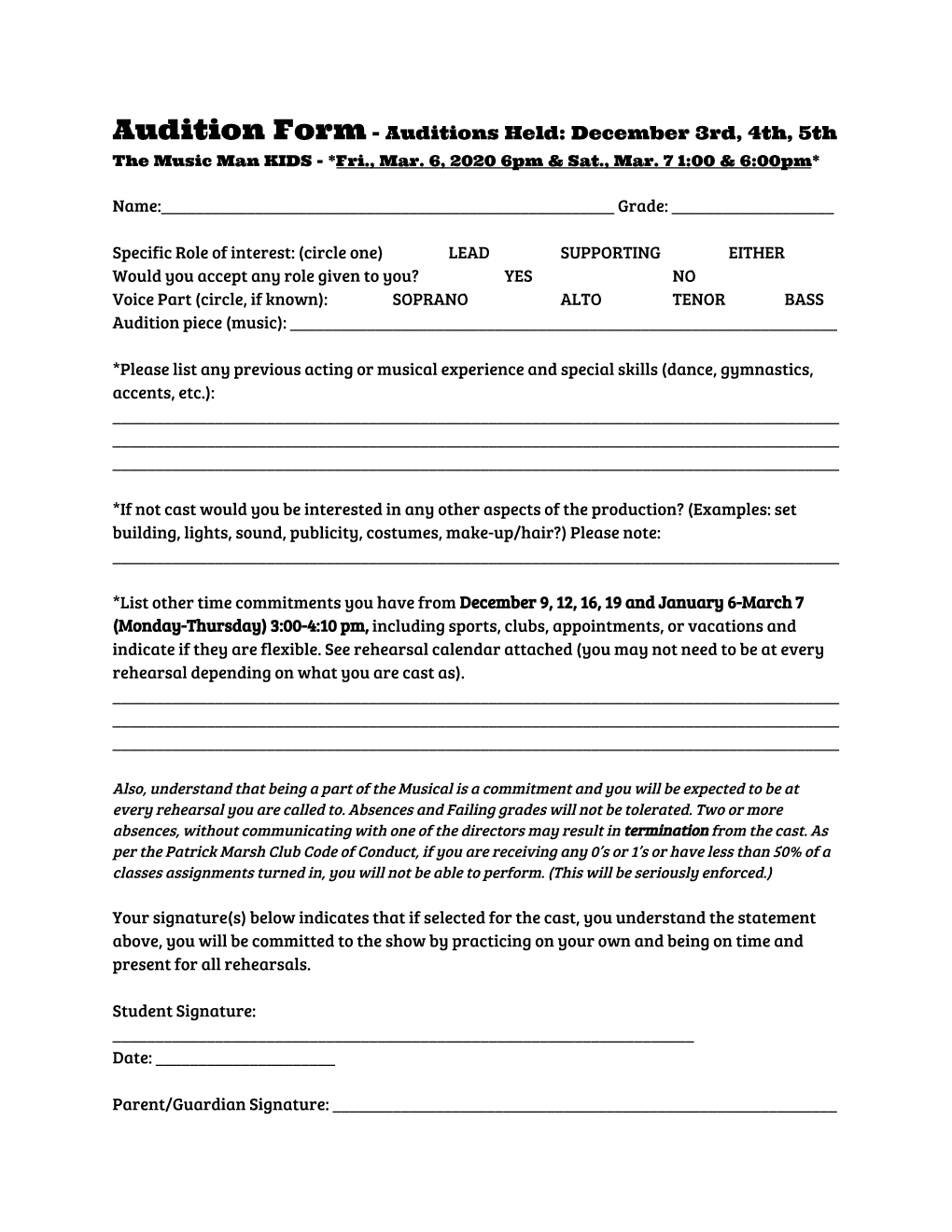 Musical Audition Form