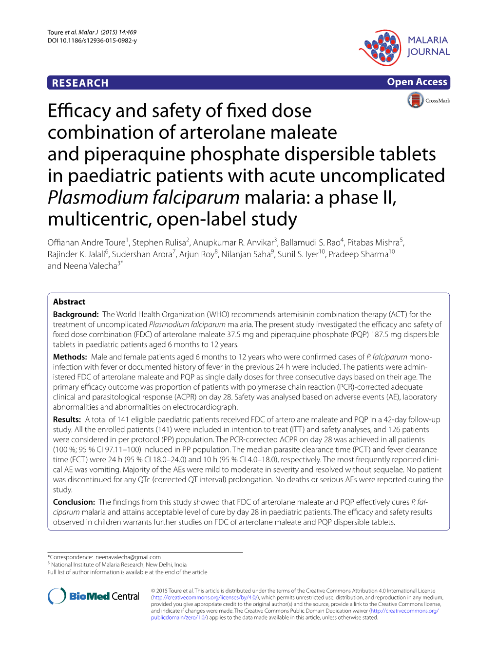Efficacy and Safety of Fixed Dose Combination of Arterolane Maleate