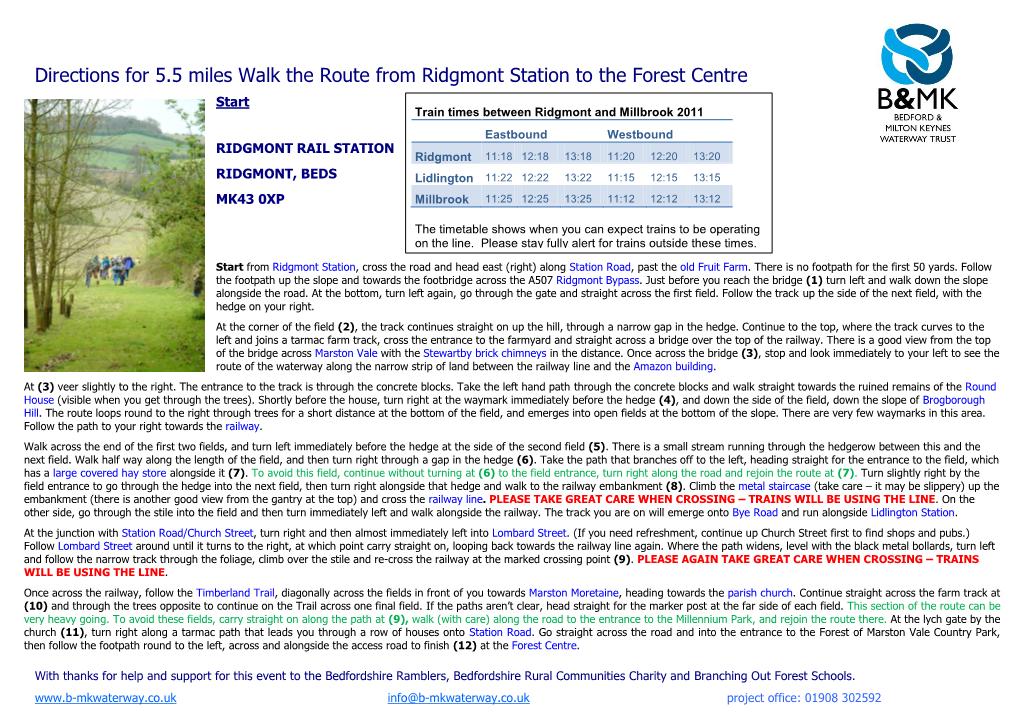 Directions for 5.5 Miles Walk the Route from Ridgmont Station to the Forest Centre Start Train Times Between Ridgmont and Millbrook 2011