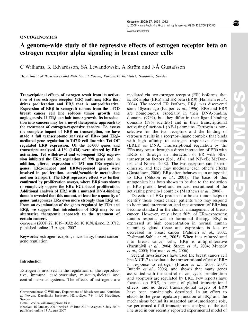 ONCOGENOMICS a Genome-Wide Study of the Repressive Effects of Estrogen Receptor Beta on Estrogen Receptor Alpha Signaling in Breast Cancer Cells