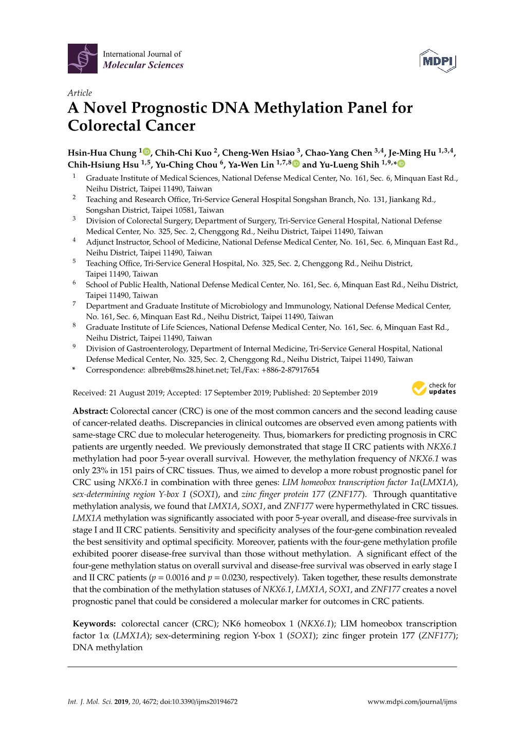 A Novel Prognostic DNA Methylation Panel for Colorectal Cancer