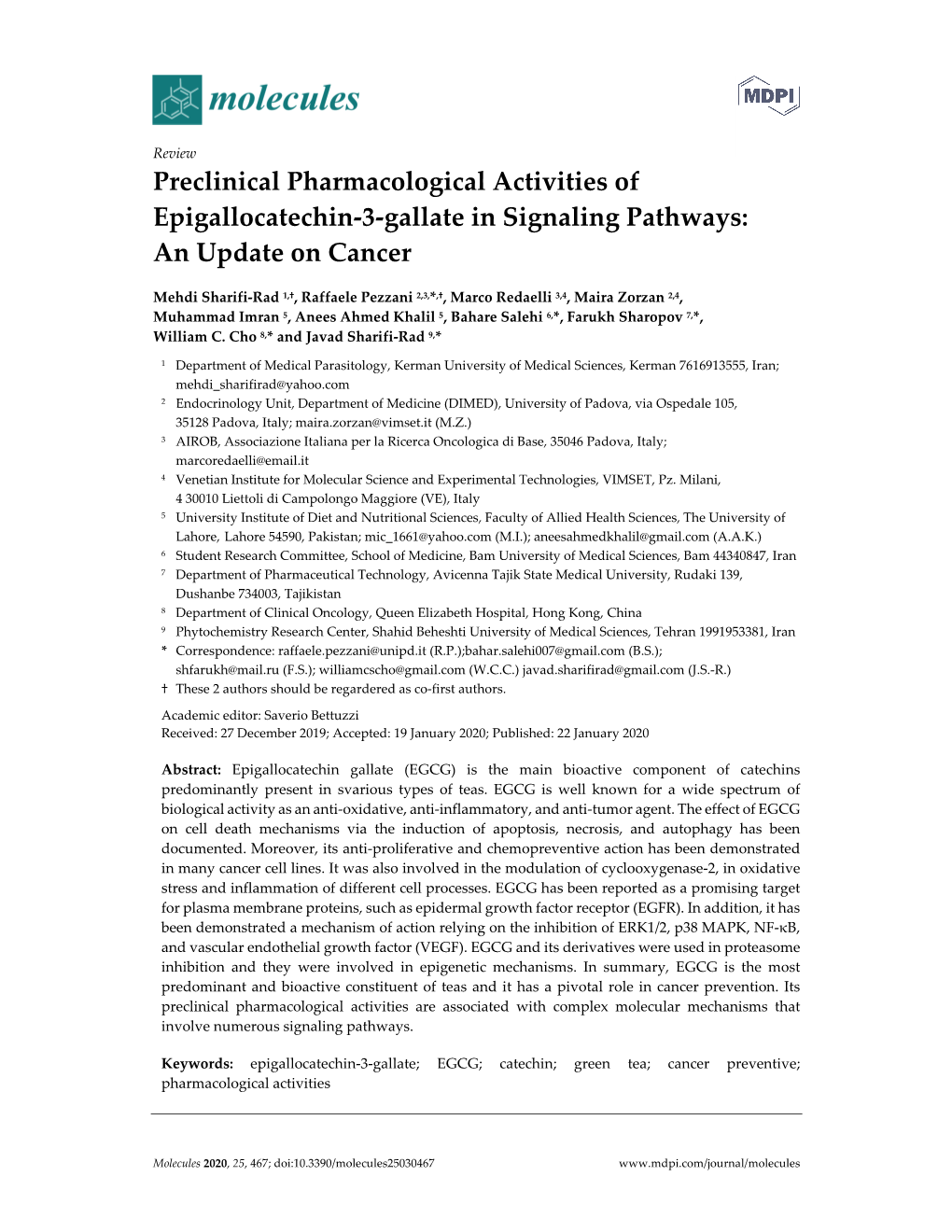 Preclinical Pharmacological Activities of Epigallocatechin-3-Gallate In