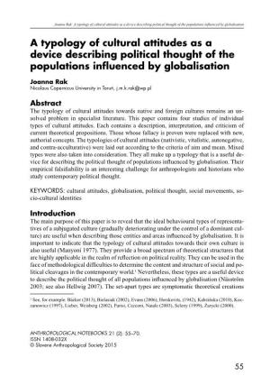 A Typology of Cultural Attitudes As a Device Describing Political Thought of the Populations Influenced by Globalisation