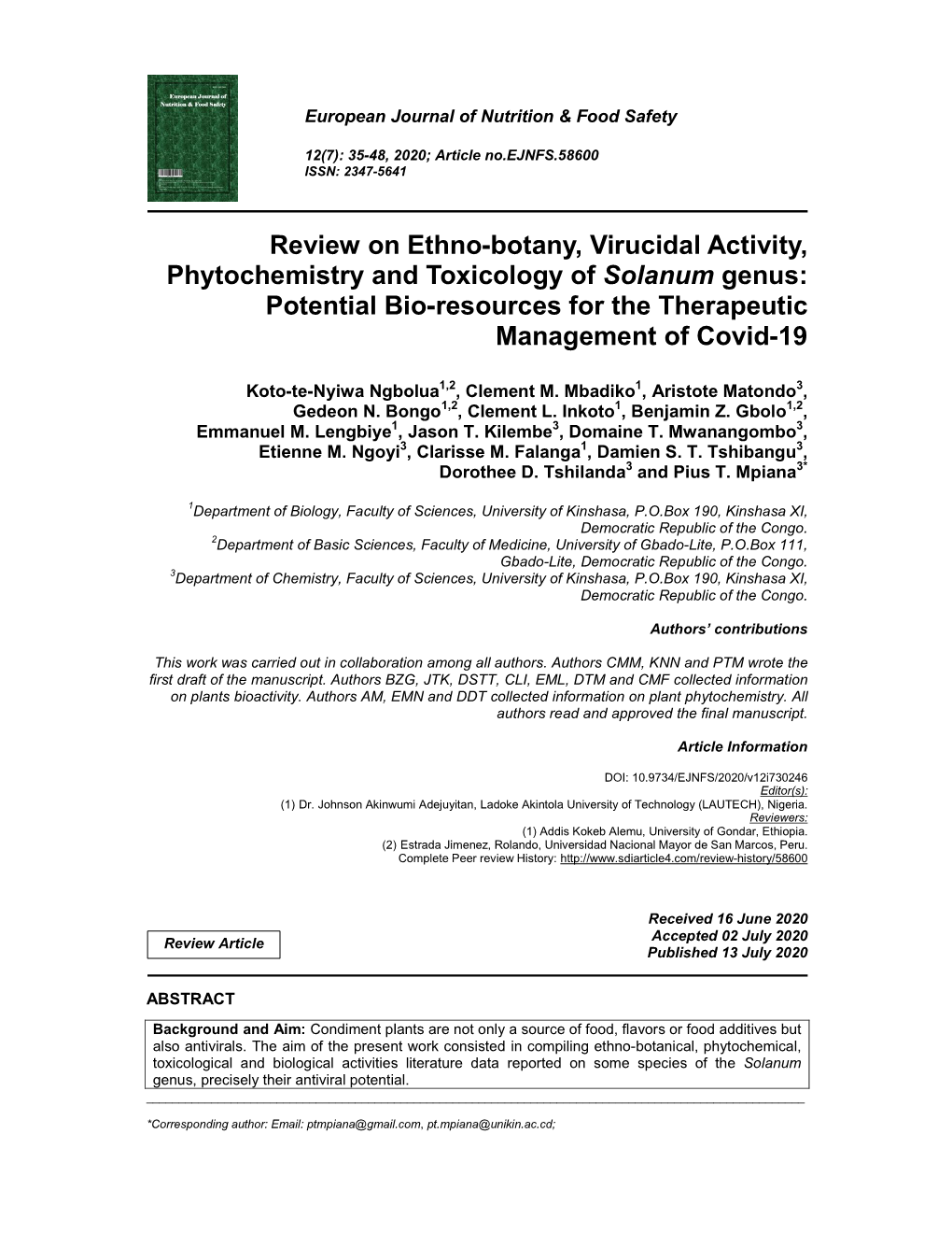 Review on Ethno-Botany, Virucidal Activity, Phytochemistry and Toxicology of Solanum Genus: Potential Bio-Resources for the Therapeutic Management of Covid-19