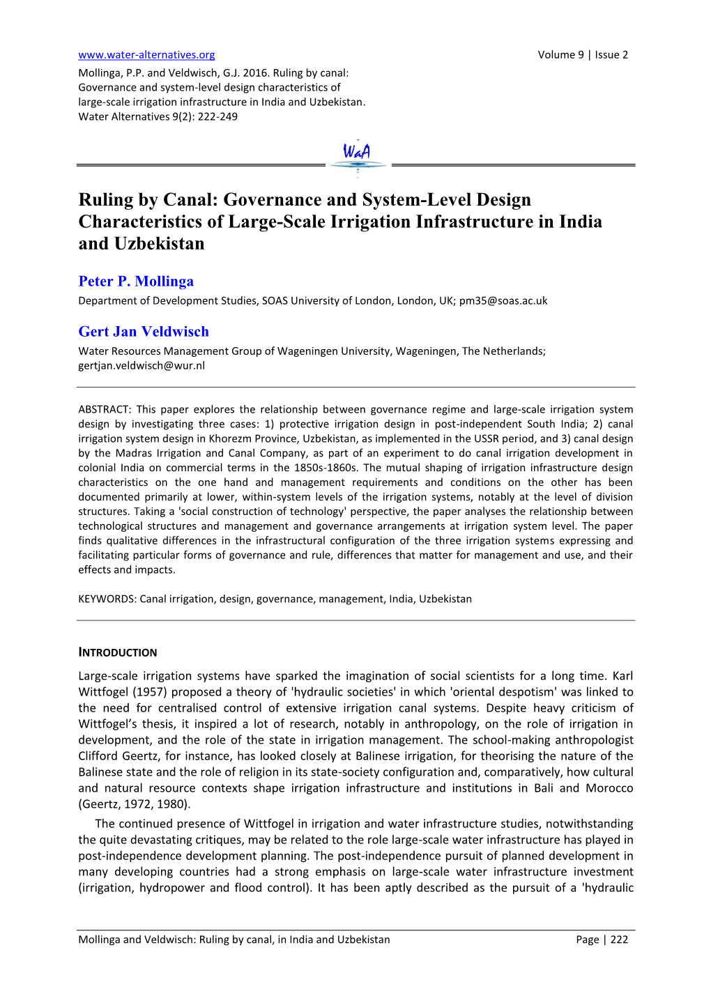 Ruling by Canal: Governance and System-Level Design Characteristics of Large-Scale Irrigation Infrastructure in India and Uzbekistan