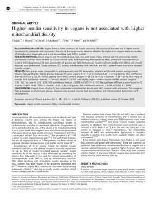 Higher Insulin Sensitivity in Vegans Is Not Associated with Higher Mitochondrial Density