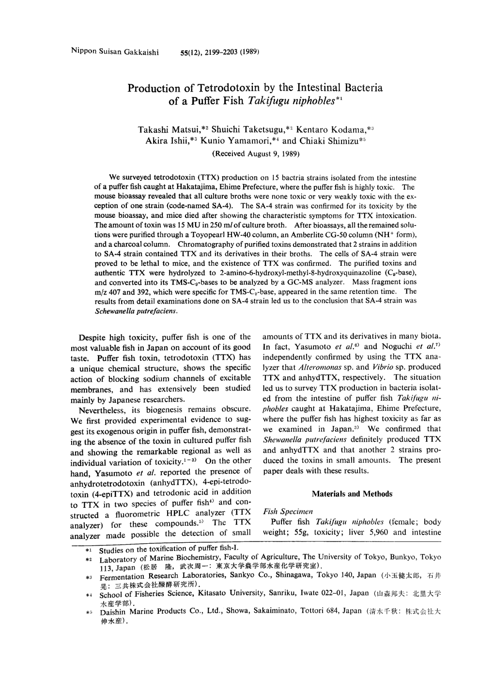 Production of Tetrodotoxin by the Intestinal Bacteria of a Puffer Fish Takifugu Niphobles*1