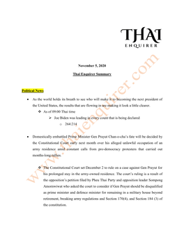 November 5, 2020 Thai Enquirer Summary Political News • As The