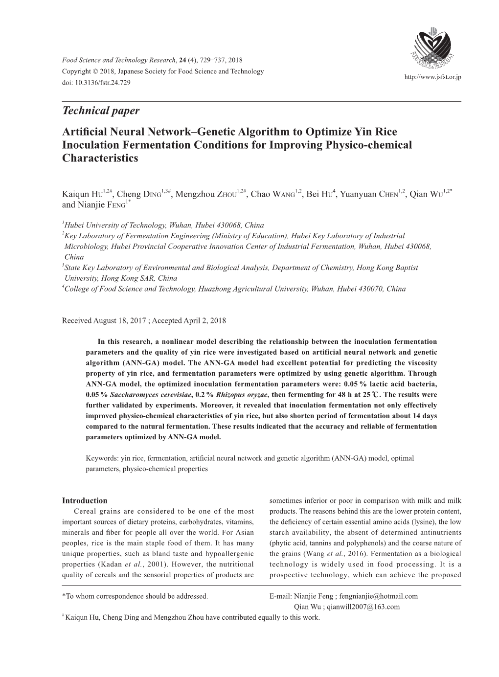 Technical Paper Artificial Neural Network–Genetic Algorithm to Optimize Yin Rice Inoculation Fermentation Conditions for Improving Physico-Chemical Characteristics