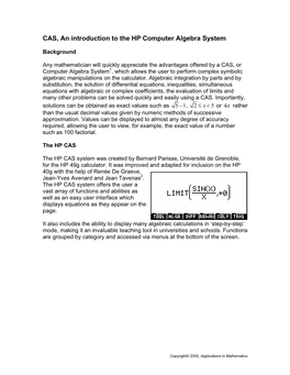 CAS, an Introduction to the HP Computer Algebra System