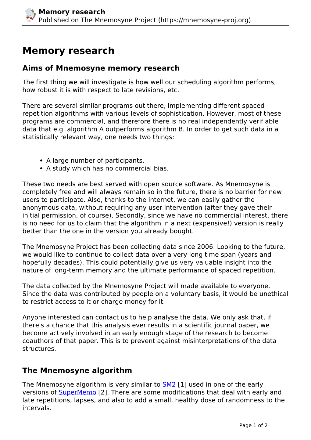 Memory Research Published on the Mnemosyne Project (