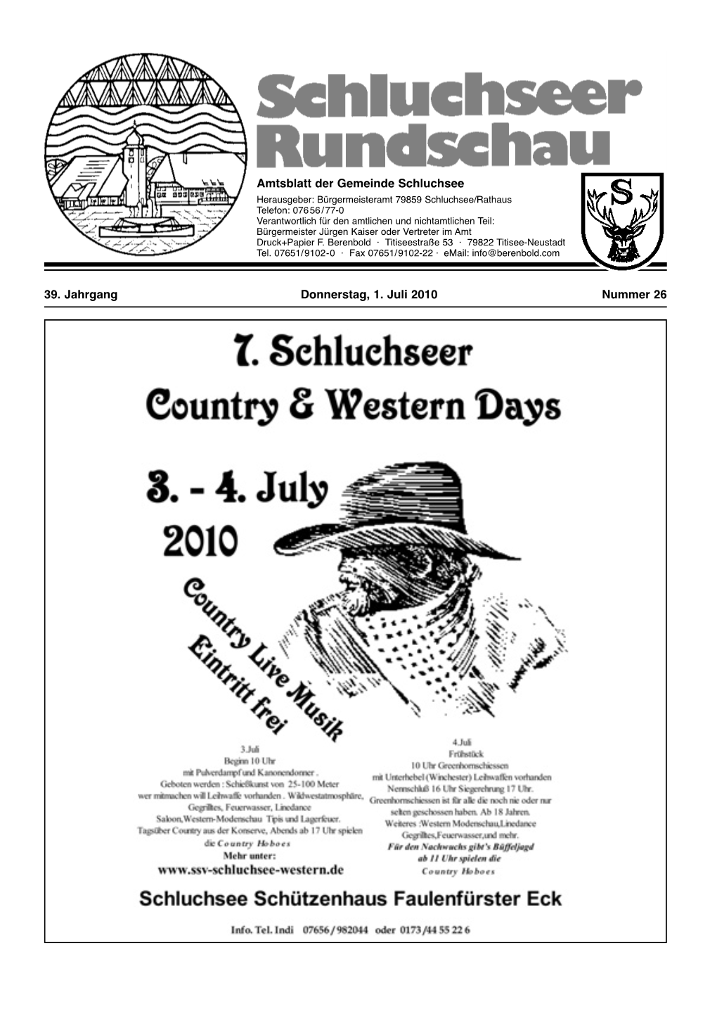 Amtsblatt Der Gemeinde Schluchsee 39. Jahrgang Donnerstag, 1. Juli