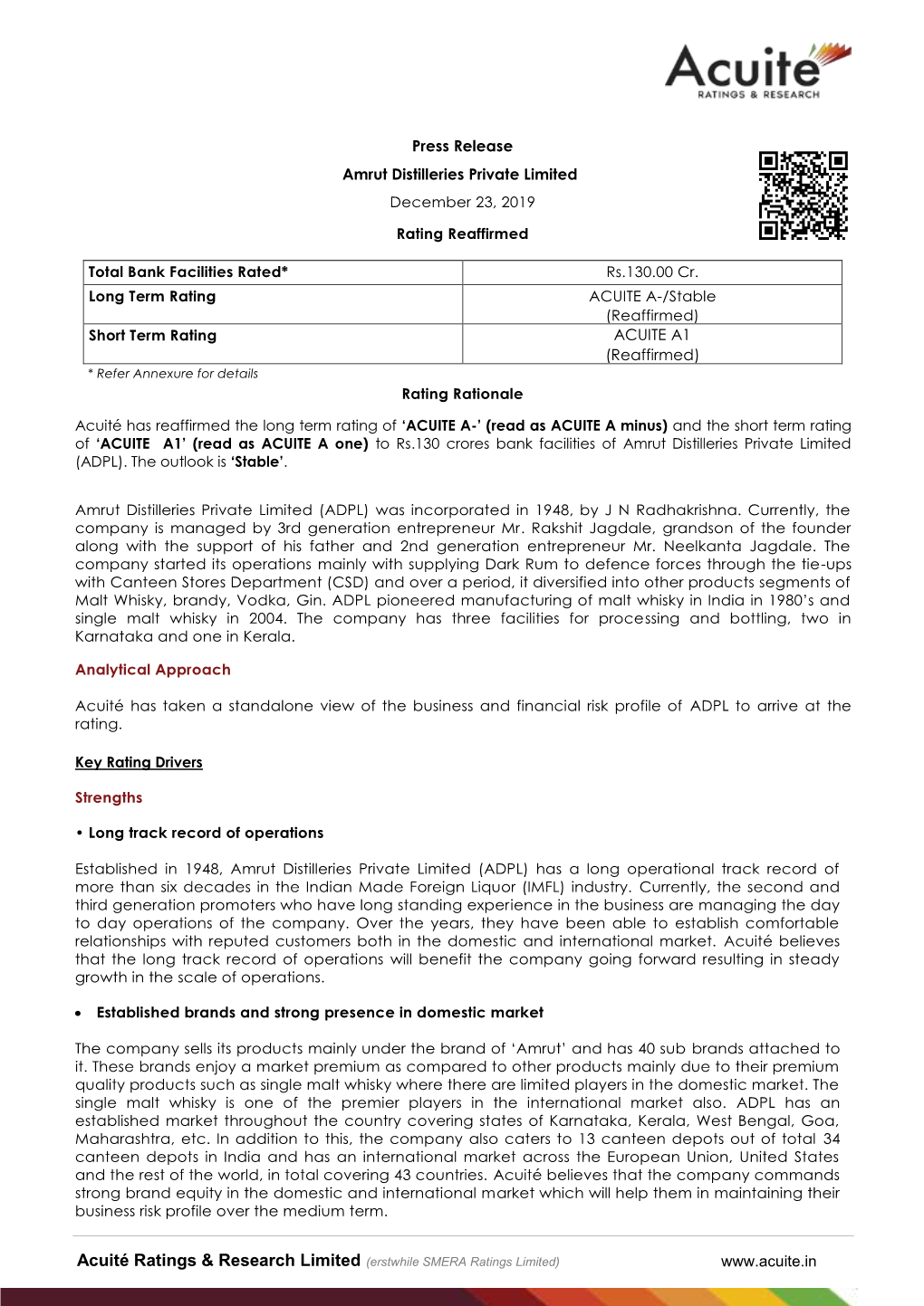 Acuité Ratings & Research Limited (Erstwhile SMERA Ratings Limited)