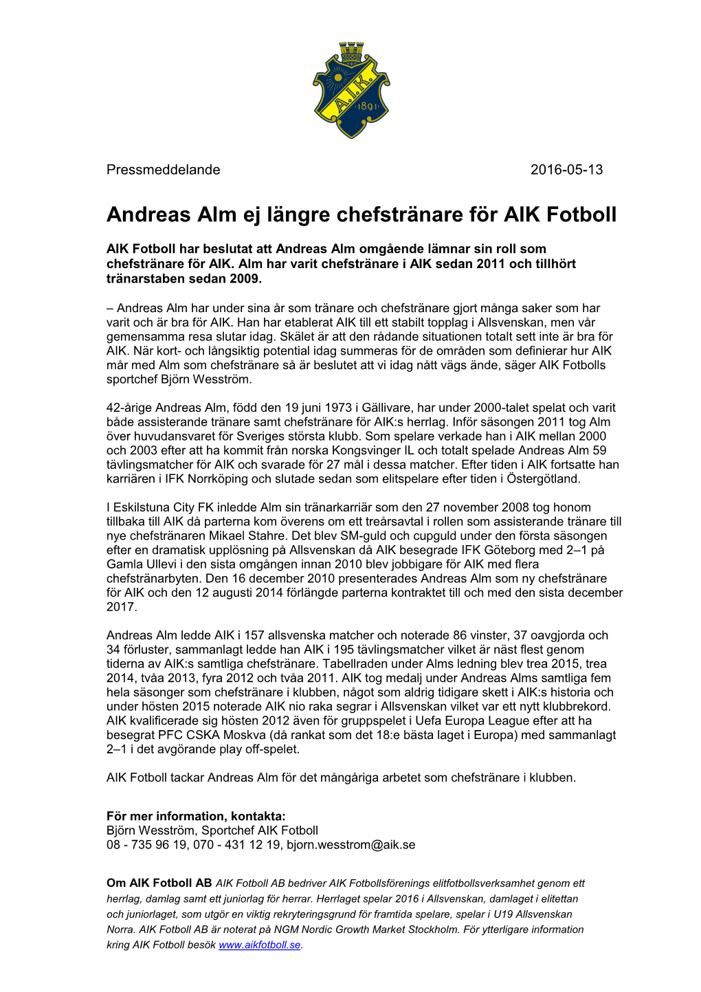 Andreas Alm Ej Längre Chefstränare För AIK Fotboll