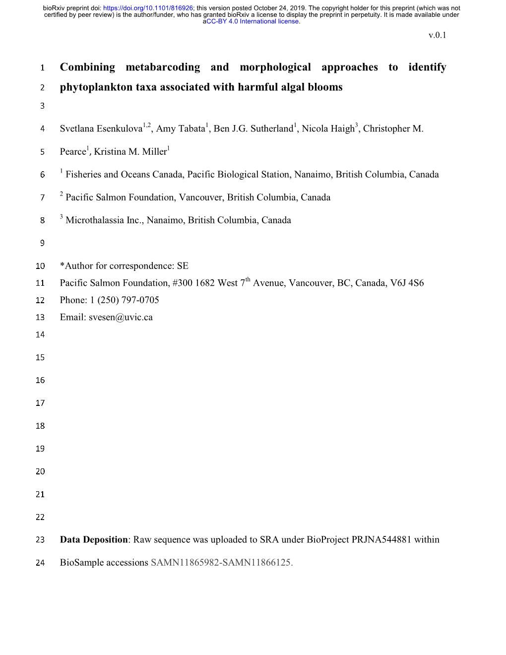 Combining Metabarcoding and Morphological Approaches to Identify Phytoplankton Taxa Associated with Harmful Algal Blooms