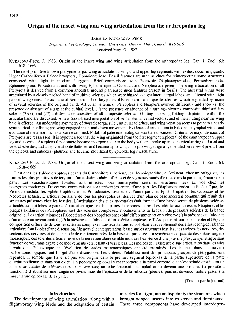 Origin of the Insect Wing and Wing Articulation from the Arthropodan Leg